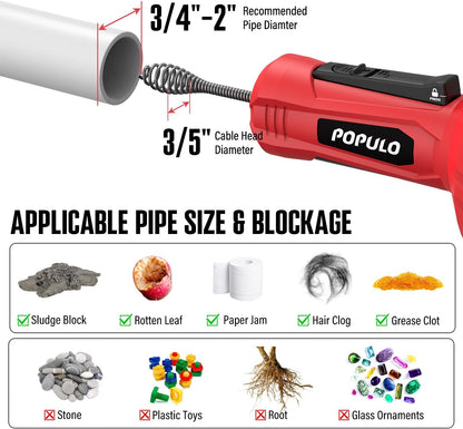 POPULO 12V Cordless Electric Drain Auger, Auto Feed Plumbing Snake Drain for Unclog Sink Drain 3/4"-2" Pipe, 16.8 FT Snake Hair Drain Clog Remover Cleaner Tools for Shower, Kitchen, Bathtub, Sink