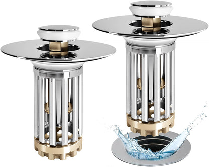 Anlige Bathroom Sink Drain Strainer, 2PCS 3 in 1 Pop Up Bathroom Sink Stopper with Removable Brass Basket Hair Catcher, Universal Sink Plug for 1.06 to 1.6in Drain Hole, Chrome Silver