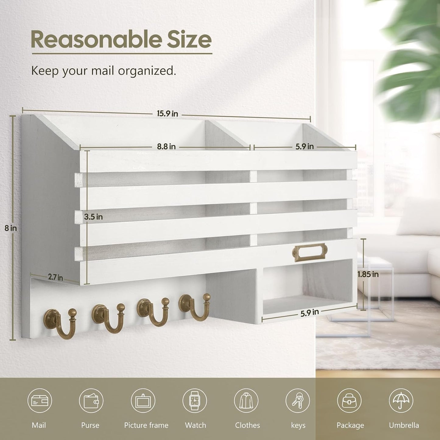 FifthQuarter Key Holder Wall Mount: Key and Mail Holder for Wall with 6 Hooks and Storage Drawer, Easy Installation Key Rack for Entryway Home Decor (A-White)