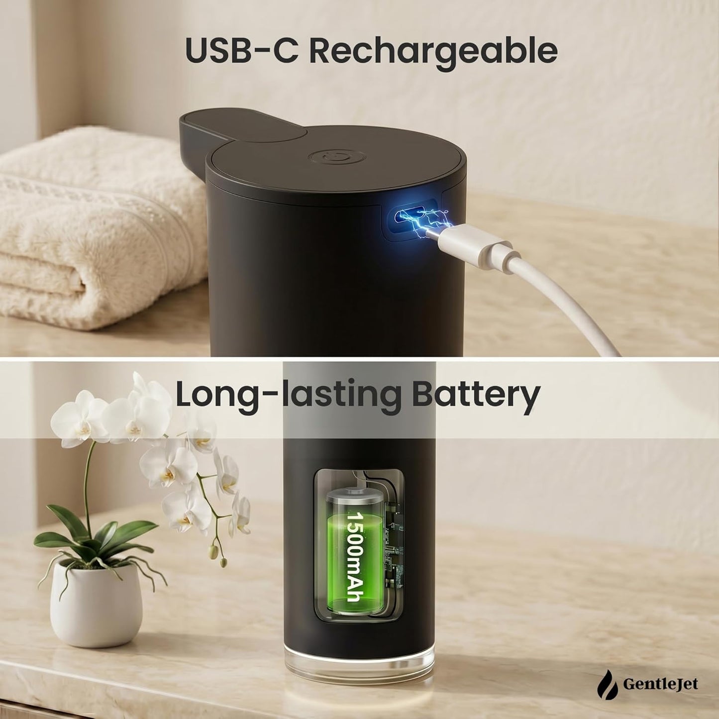 GentleJet EasyFoam Automatic Foaming Soap Dispenser Touchless Sensor, USB-C Rechargeable, 304 Stainless Steel, IPX5 Waterproof for Bathroom Kitchen Sink, 280 ml