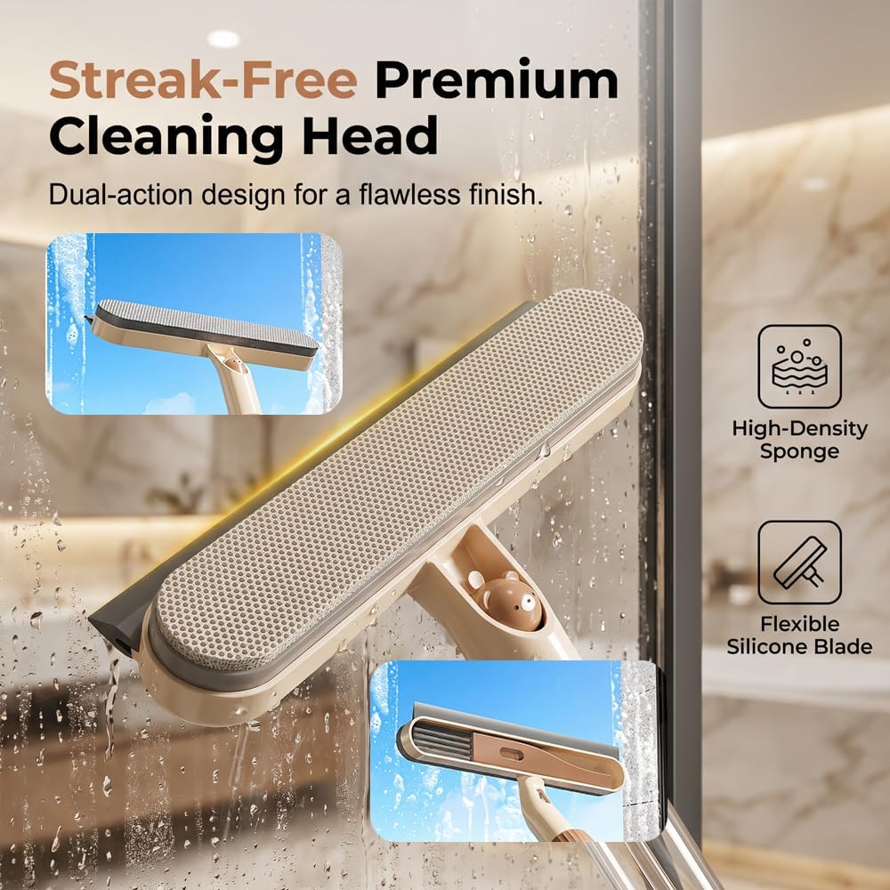5 in 1 Double Sided Window Screen Cleaning Brush for Window Glass, Window Cleaner Tool with Squeegee Scrubber Spray, Extendable Squeegee for Window Cleaning with Long Handle (Gray, 1 pcs)