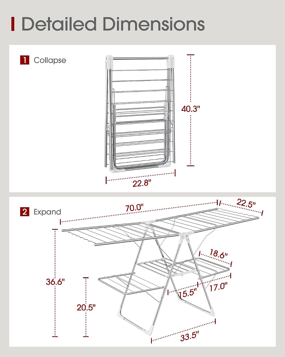 Sakugi Clothes Drying Rack, Foldable 2-Level Laundry Drying Rack with Height-Adjustable Wings, for Clothing & Bedding, Free-Standing Space-Saving Rack, Indoor & Outdoor, 55.5" L × 22.8" W, Gray