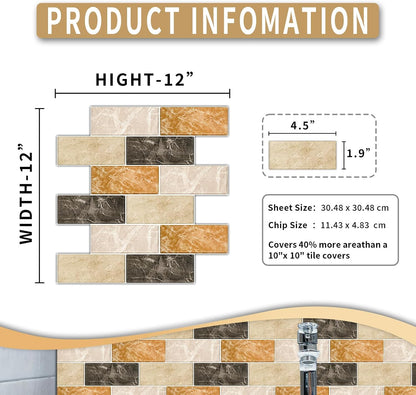 10 Sheets Peel and Stick Backsplash for Kitchen 12"X12" Back Splash Adhesive Subway Wall Tile Flat Vinyl Sticker for Bathroom on Renter Friendly Marble 2-6 (Not 3D Tile)