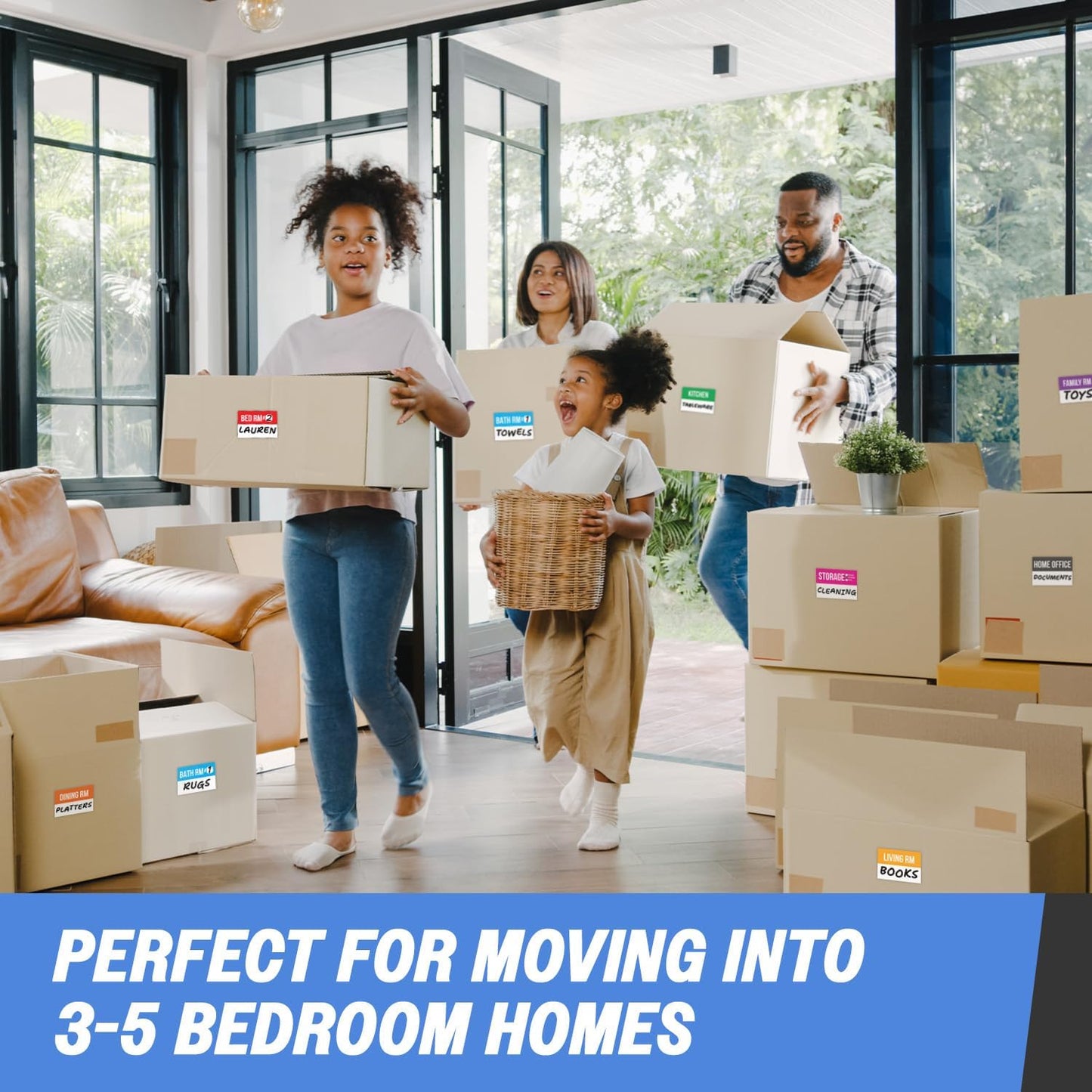 Moving Labels (3 x 2 inch, 300 per Pack) Ideal for 1-2 Bedroom Homes - 10x Designs of Color-Coded Moving Stickers w/Write-in Area, Fragile, Heavy & Blank Labels