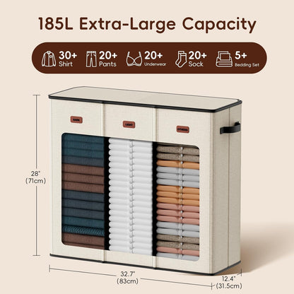 185L Laundry Hamper 3 Section, Laundry Hamper with Lid, Dirty Clothes Hamper with 3 Removable Washing Bags, Extra Large Laundry Basket Organizer for Bedroom, Laundry Room, Dorm - Black