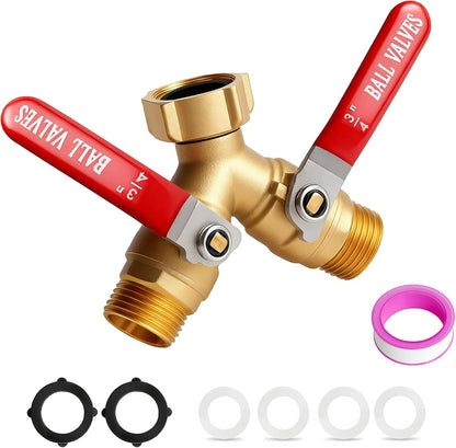 Garden Hose Splitter 2 Way Heavy Duty Brass, Full Flow Hose Bib Y Valve, 3/4" GHT Outdoor Faucet Splitter with Easy-Turn Long Handles and Washers