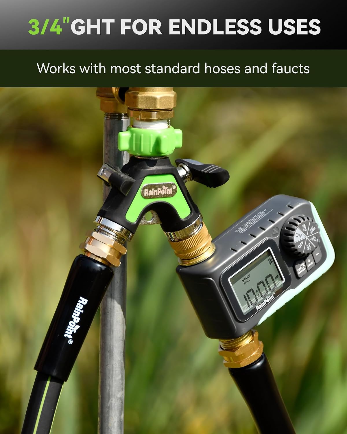 RAINPOINT Garden Hose Splitter 2 Way, All Metal Heavy Duty Water Hose Y Splitter With 2.05" Extra Long Side Handle & Shut Off Valves, 3/4 Inch GHT Thread Connector For Outdoor Spigot Faucet (Green)