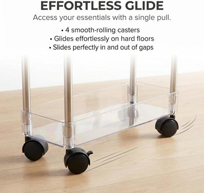 American Dream Home Chrome/Clear Acrylic Slim 3-Tier Rolling Cart Portable Narrow Storage Trolley with Wheels, Transparent Shelves for Bathroom, Kitchen, Office & Small Spaces