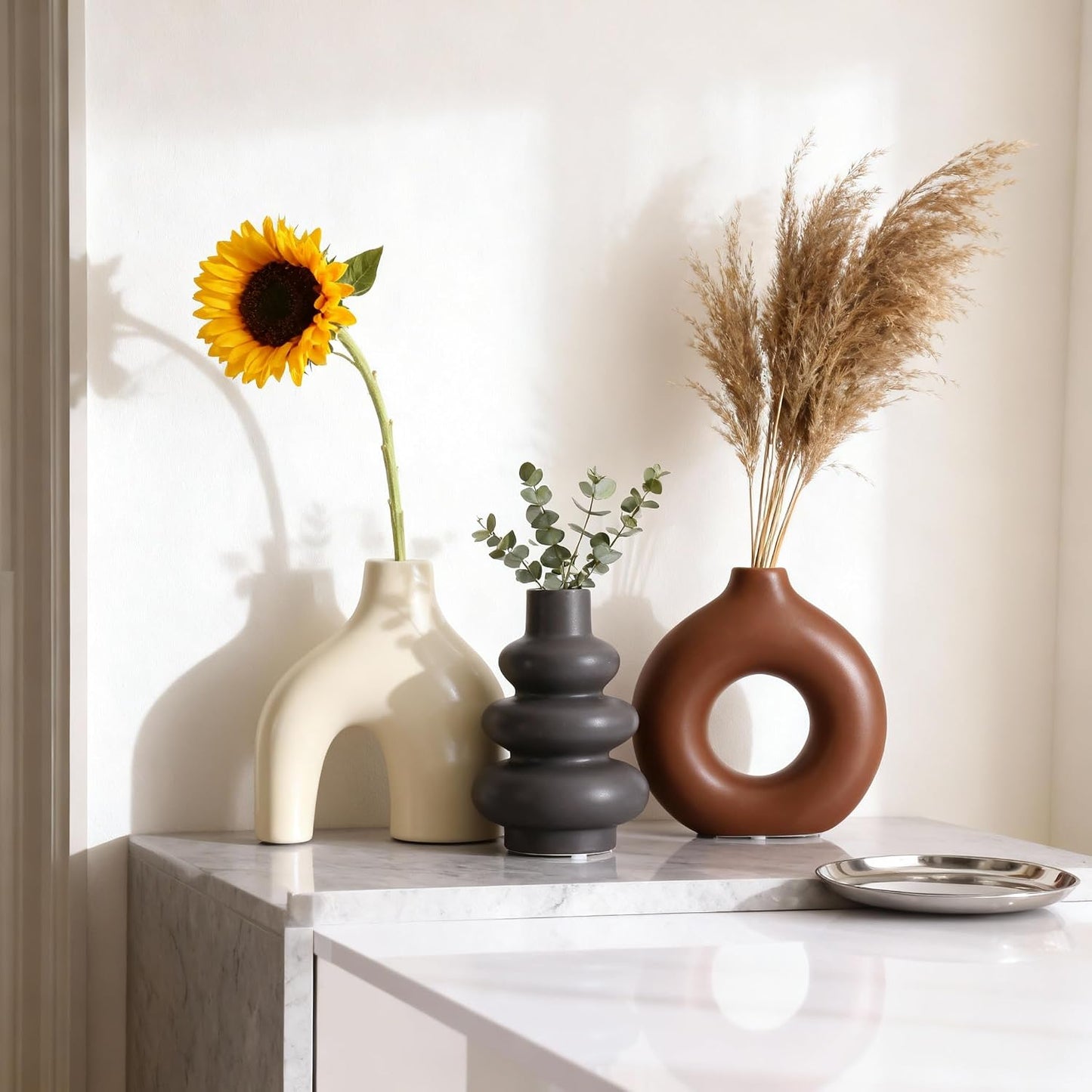 Ceramic 3 Pcs Vase Set,Modern Home Decor Table Centerpiece,Minimalist Nordic Vases, Wedding, Living Room, Bookshelf, Office, Modern Home, Entryway Boho Decor (D)