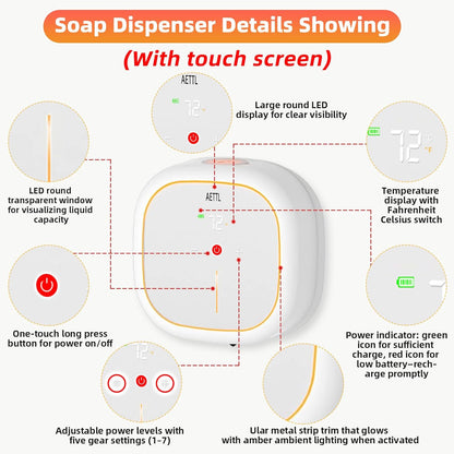 Automatic Foam Soap Dispenser Touchless Wall Mounted, USB-C Rechargeable with Smart Screen Temperature Display & Ambient Light, 7 Adjustable Levels, 16.9 oz for Kitchen Bathroom Commercial,White