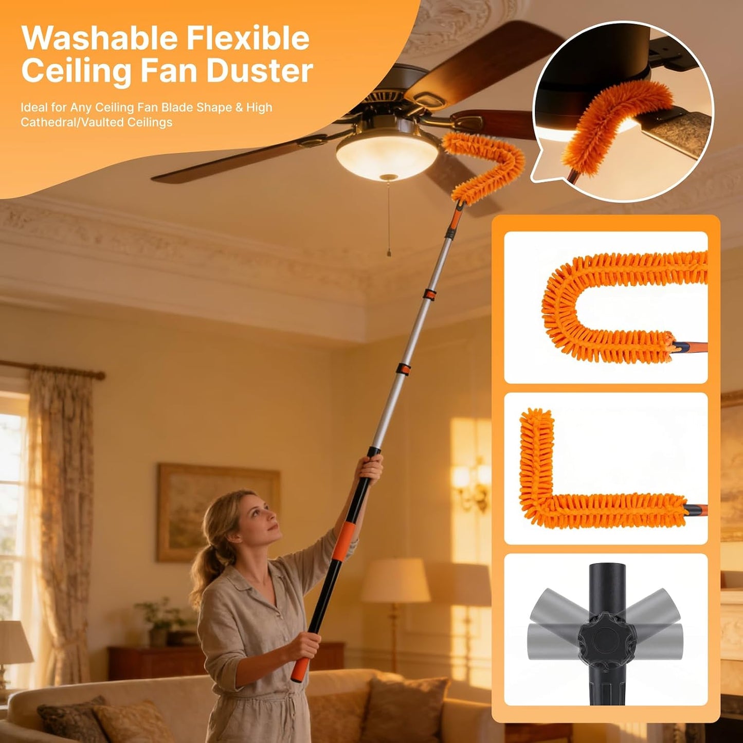 20ft Light Bulb Changer & High Ceiling Duster Kit, 4-12ft Extension Pole | 9Pcs High Duster Kit - Heavy Duty Extansion Pole, Ceiling Fan Duster, Cobweb & Microfiber Duster, Window Squeegee & Cleaner