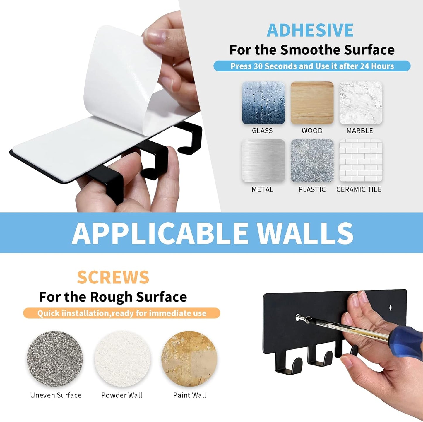GTK Key Holder for Wall, Key Hooks with 6 Hooks, Wall Mounted Key Holder for Hallway, Self Adhesive Key Rack(White)