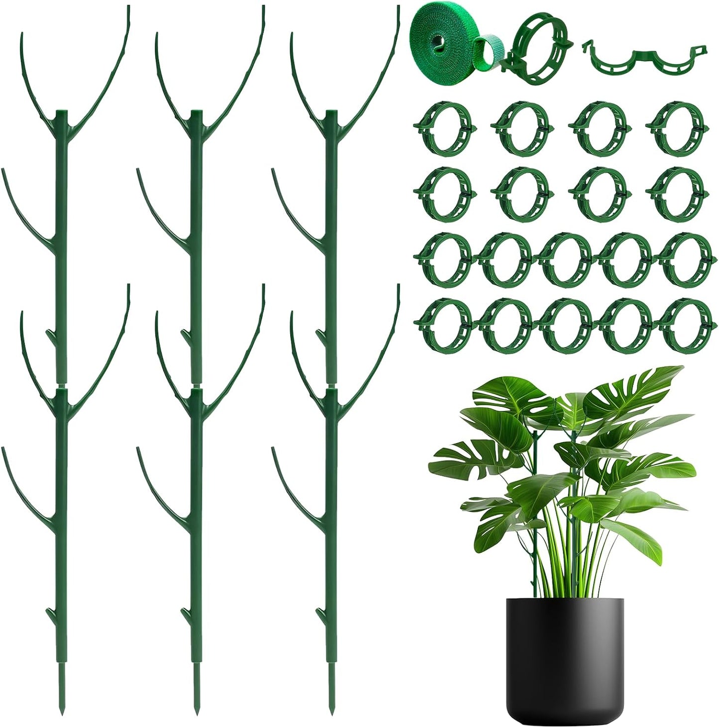 10 Pack Stackable Monstera Plant Support Stakes with 2 Rolls Hook-and-Loop Ties & 20 Clips, Adjustable Plant Stakes for Indoor Plants, Plant Sticks Support Tall Pothos Climbing