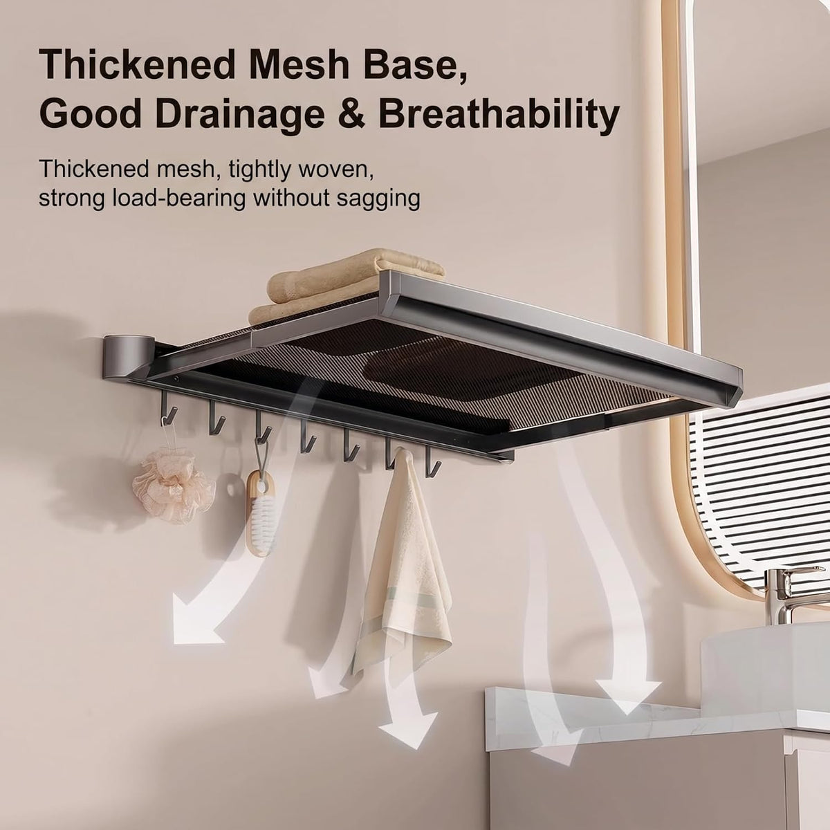 Wall Mount Drying Rack Bathroom Shelf, Retractable Space Saving Organizer with 6 Hooks for Towel Storage, Foldable Laundry Hanging Rack for Kitchen Balcony Bathroom