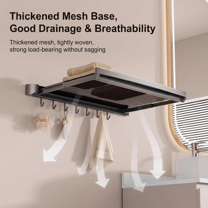 Wall Mount Drying Rack Bathroom Shelf, Retractable Space Saving Organizer with 6 Hooks for Towel Storage, Foldable Laundry Hanging Rack for Kitchen Balcony Bathroom