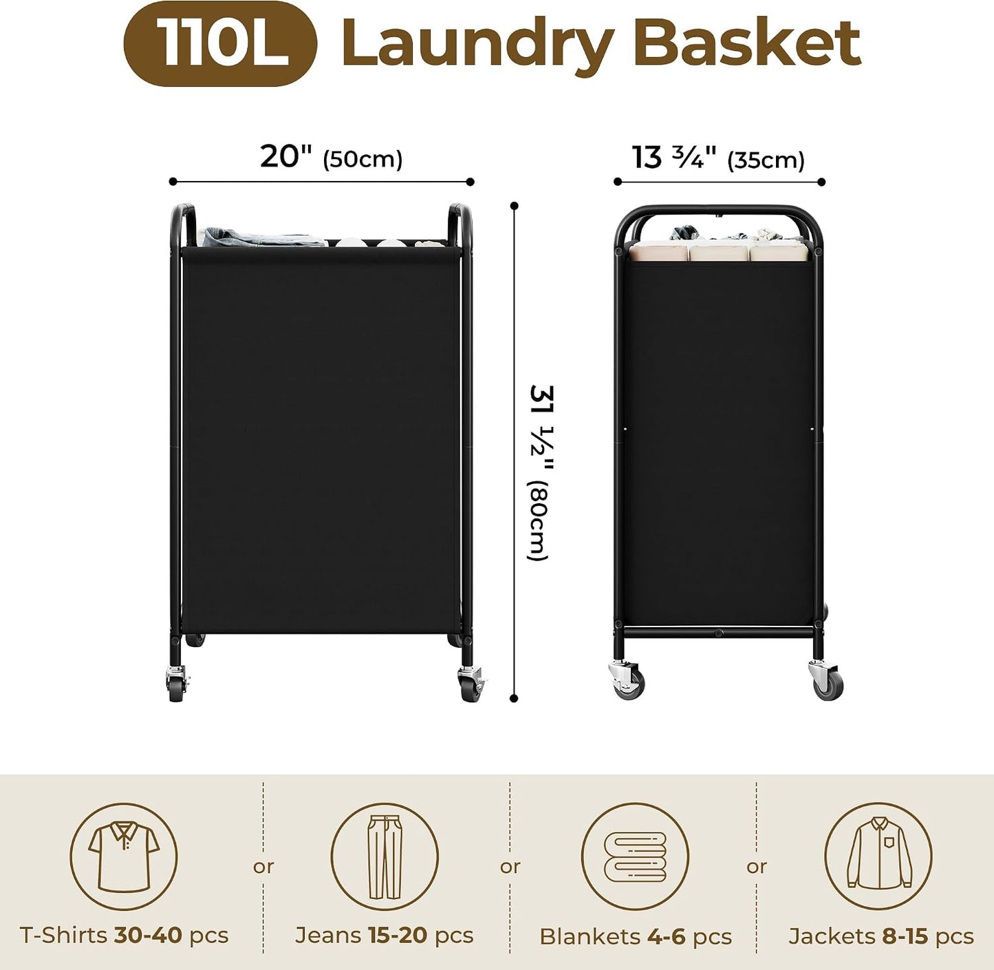 GRANNY SAYS 2 Section 130L Laundry Sorter, Large Laundry Hamper Basket with Wheels and Handles, Durable and Sturdy Rolling Cart for Laundry Room, Hotel, Bedroom, Beige