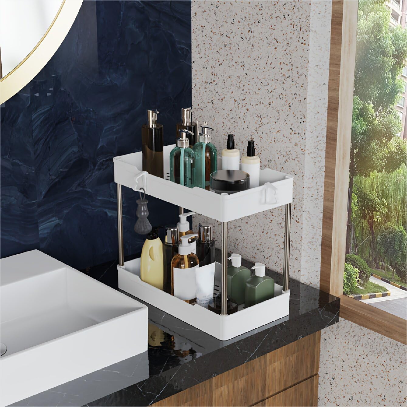 3 Pack Under Sink Organizer Bathroom and Storage Cabinet (White) | 2 Tier with Hanging Cups for Kitchen