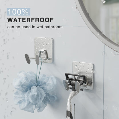susswiff Shower Hooks for Inside Shower - Extra Sticky Stainless, Razor Holder Accessories, Wall Mounted Self-Adhesive Double Hooks for Razor, Loofah, Towel, Shaver, Coat, Key, Silver 6 Pack