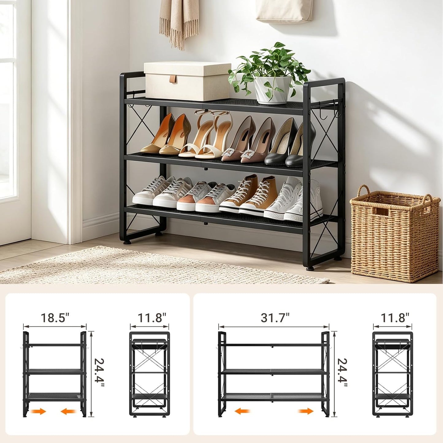ELYKEN Shoe Rack, 2-Tier Expandable Shoe Organizer for Closet, Metal Black Shoe Shelf with 4 Hooks, Adjustable Shoe Stand Holder for Entryway, Garage, Door Entrance
