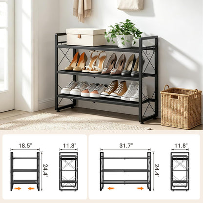 ELYKEN Shoe Rack, 2-Tier Expandable Shoe Organizer for Closet, Metal Black Shoe Shelf with 4 Hooks, Adjustable Shoe Stand Holder for Entryway, Garage, Door Entrance