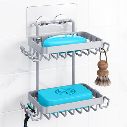 Nieifi Bar Soap Holder, Adhesive Soap Dish for Bathroom Shower Wall | Stainless steel, 2 tier, razor holders, 8 hooks, bathtub, kitchen sink, wall mounted, no drilling, counter, black