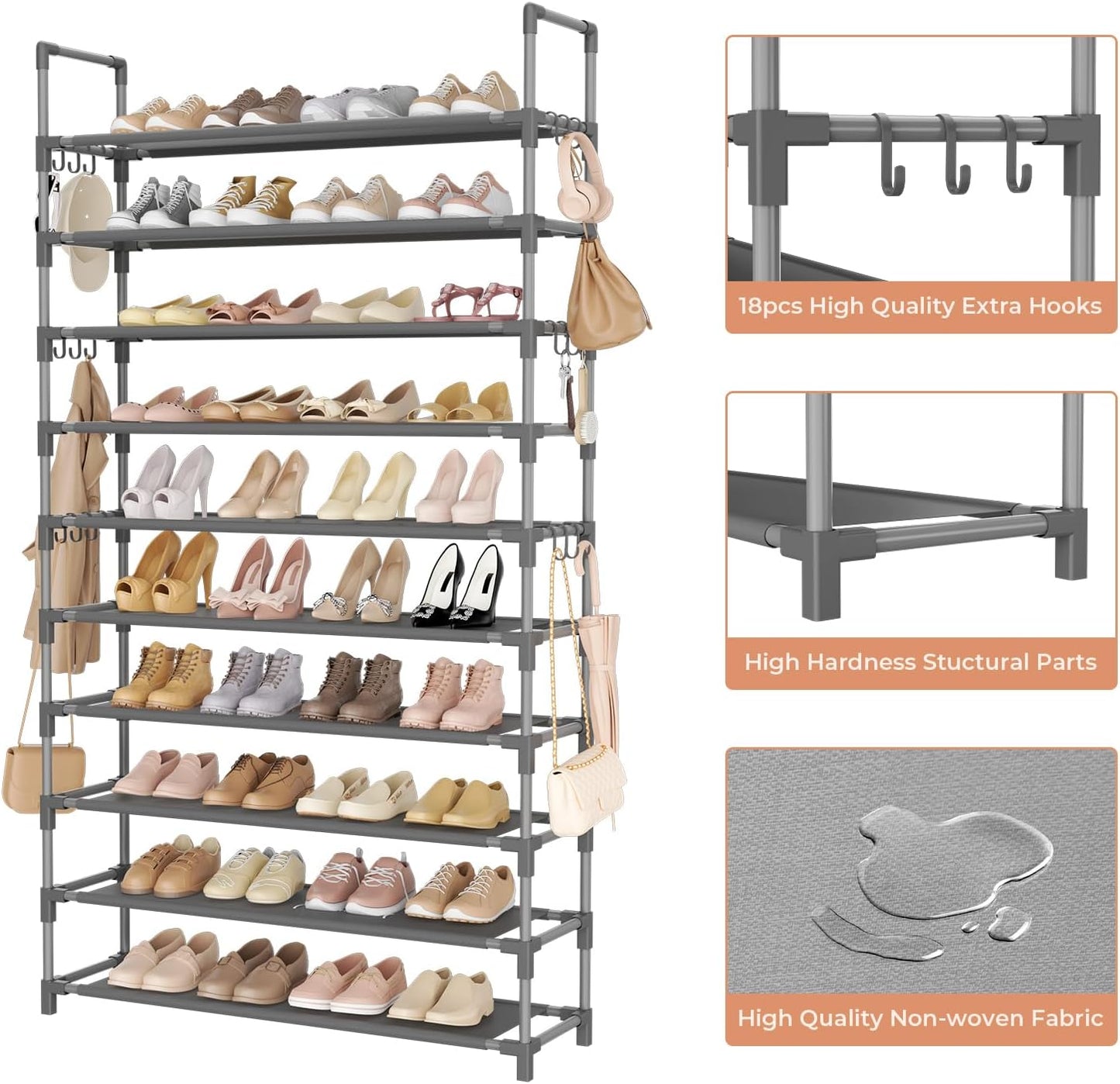LANTEFUL 10 Tiers Tall Shoe Rack 20-25 Pairs Boots Organizer Storage Sturdy Narrow Shoe Shelf for Entryway, Closets with Hooks, Black
