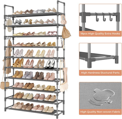 LANTEFUL 10 Tiers Tall Shoe Rack 20-25 Pairs Boots Organizer Storage Sturdy Narrow Shoe Shelf for Entryway, Closets with Hooks, Black