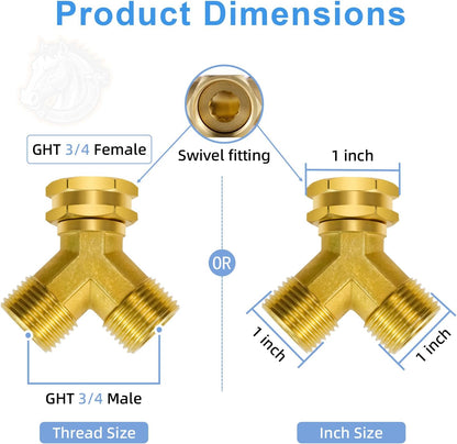 Angry Pony Spigot Splitter 2 Way, GHT 3/4 Hose Spigot Splitter for Garden | for Sprinkler/Yard Lawn Irrigation,Brass Hose Y Splitter,Swivel Joint,Wide Flow Port,Firm Connection,Easy Install,Leakproof