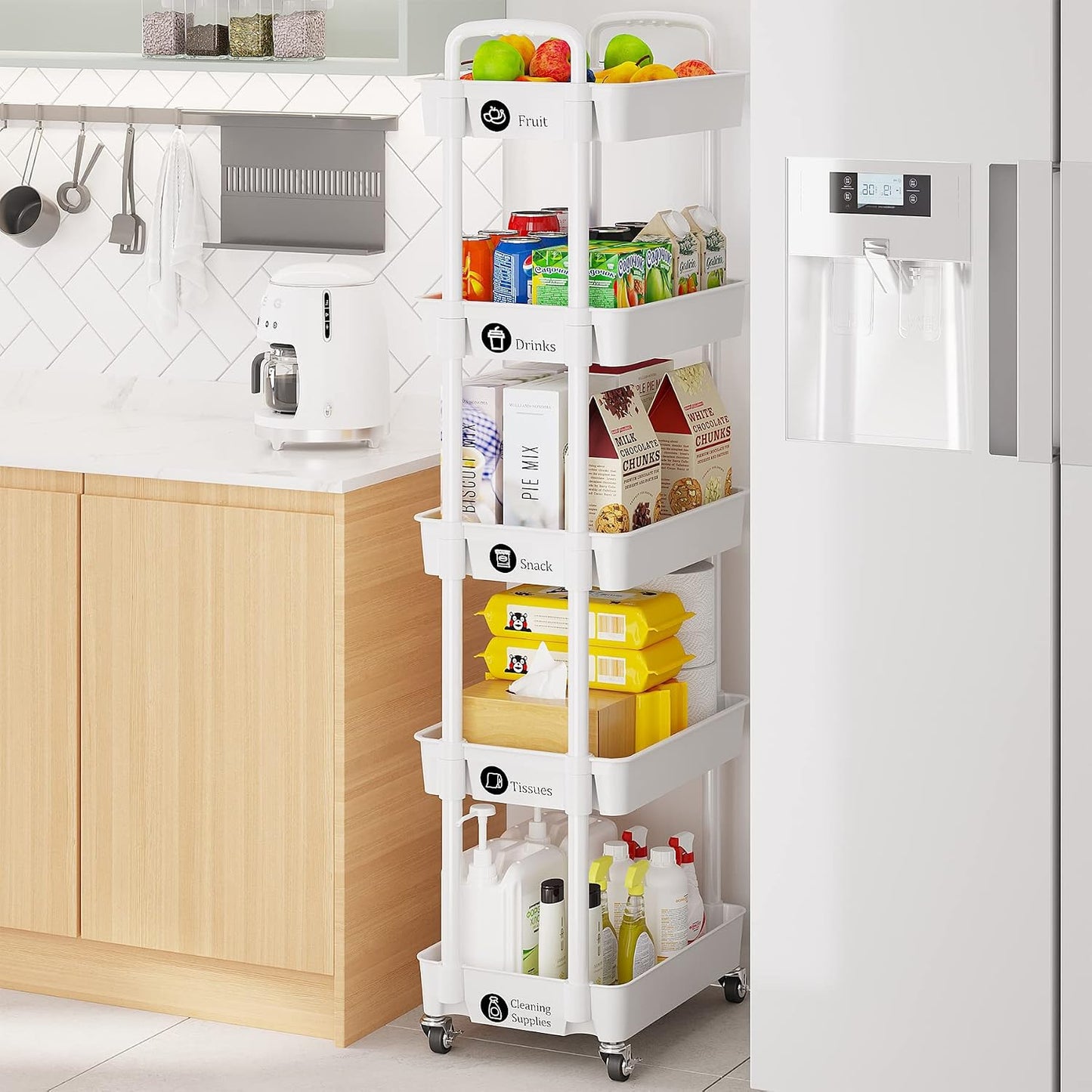 Laiensia 3-Tier Rolling Cart with Wheels,Multifunction Utility Storage Carts, Kitchen Storage Organizer,Mobile Shelving Unit for Bathroom,Laundry,with Classified Stickers,White