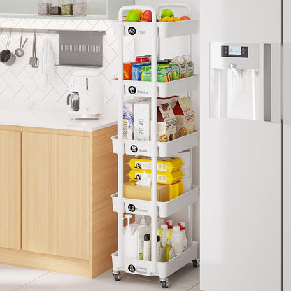Laiensia 3-Tier Rolling Cart with Wheels,Multifunction Utility Storage Carts, Kitchen Storage Organizer,Mobile Shelving Unit for Bathroom,Laundry,with Classified Stickers,White