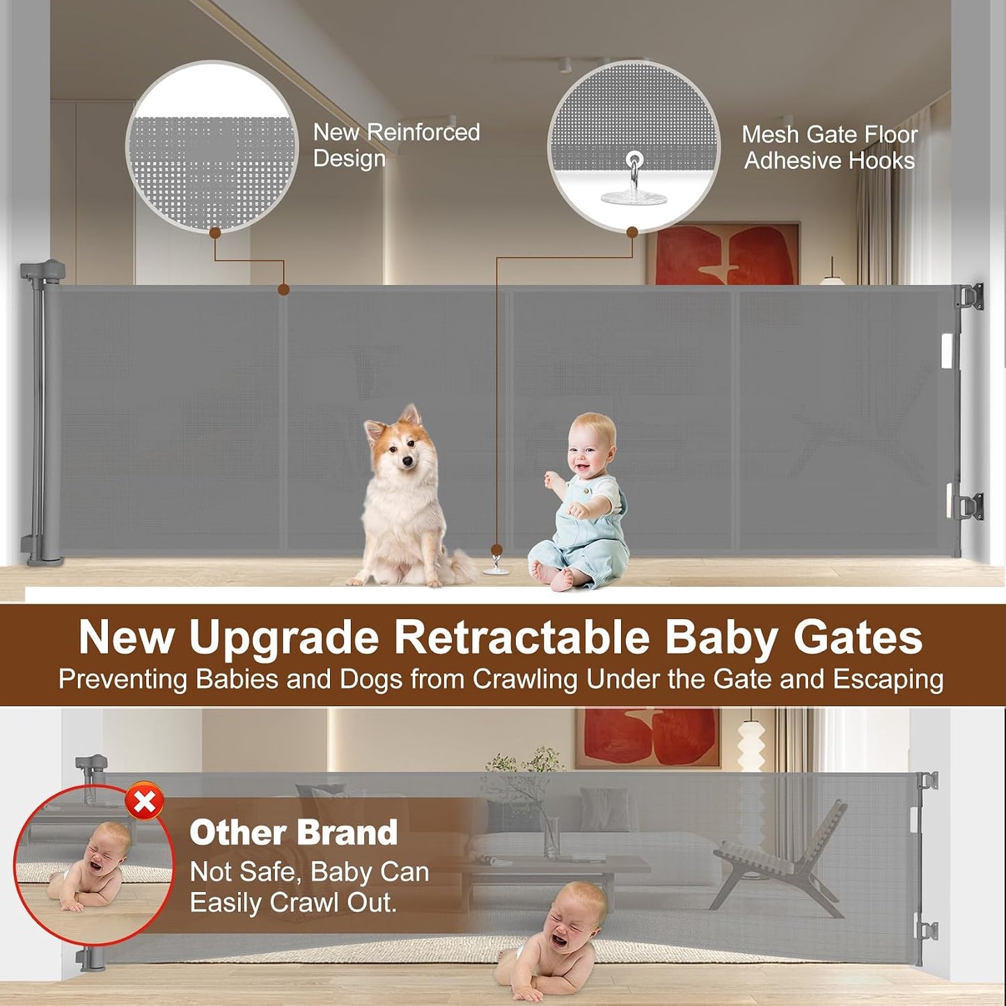 Miumoon 71 inch Retractable Baby Gates 42 inch Tall, Retractable Gate with Reinforced Strip Design to Prevent Crawling Through, 6 FT Retractable Dog Gate for Stairs, Doorways, Hallways, Indoor/Outdoor
