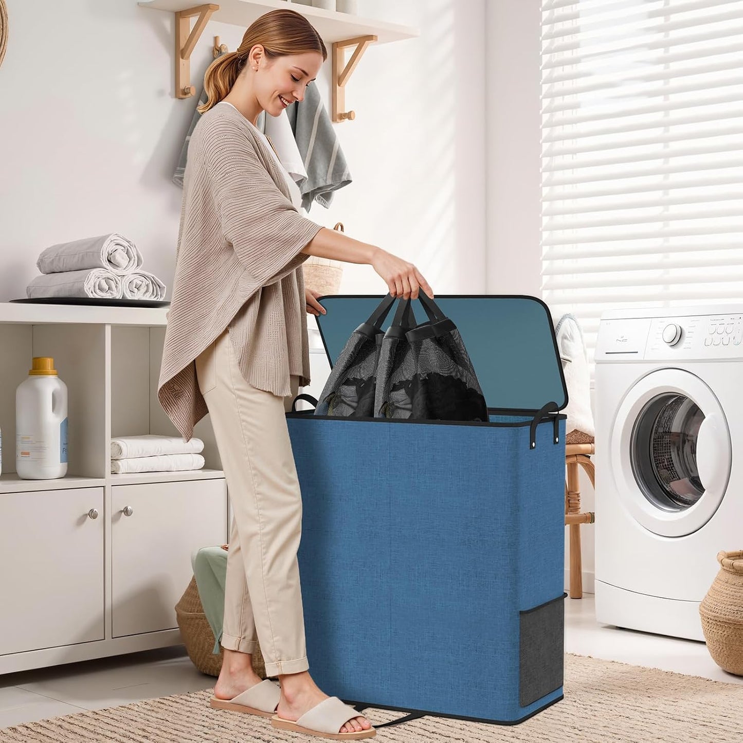 Large Double Laundry Hamper with Lid, Removable Bags & Reinforced Handles, 2 Section Tall Laundry Basket, Dirty Clothes Hampers for Laundry Room, Bedroom, Bathroom, Dorm, 136L, Gray