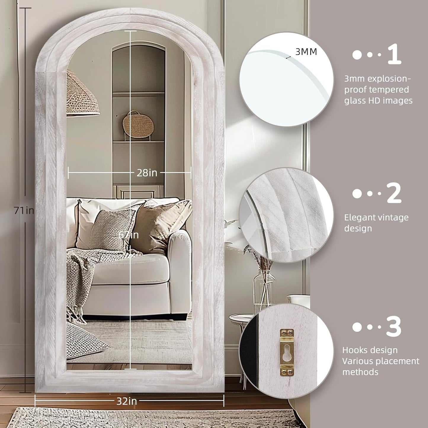 ZHUNFA Arched Full Length Mirror with Solid Wood Frame | 65x22 Farmhouse Wall Mirror Full Length with Stand, Vertical Hanging, Leaning Standing for Bedroom,Living Room, Rustic White