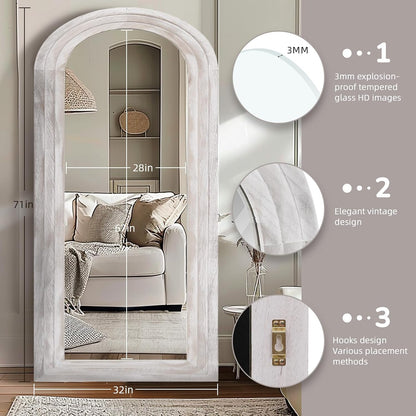 ZHUNFA Arched Full Length Mirror with Solid Wood Frame | 65x22 Farmhouse Wall Mirror Full Length with Stand, Vertical Hanging, Leaning Standing for Bedroom,Living Room, Rustic White