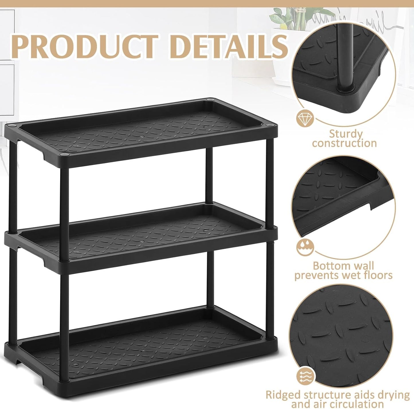 Cinnvoice Boot Tray Rack for Entryway Plastic Waterproof Shoe Mat Tray Large Storage Shelf for Indoor Outdoor Entryway Hallway Closet Use in All Seasons Black(28" d X 14.5" w X 29" h)