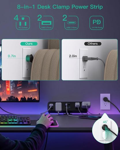 Mifaso PD30W Desk Clamp Power Strip, Surge Protector, Fast Charging Station | 4 Outlets, 4 USB (2 USB C), 5FT Extension Cord, Desk Organizer Gaming Accessories Office Essentials, Fits 1.96" Tabletop Edge