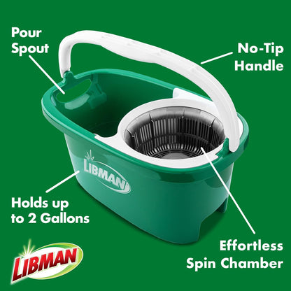 Libman Tornado Spin Mop System and 1 Refill, Mop and Bucket with Wringer Set for Hardwood Floor Cleaning, 2 Total Heads Included