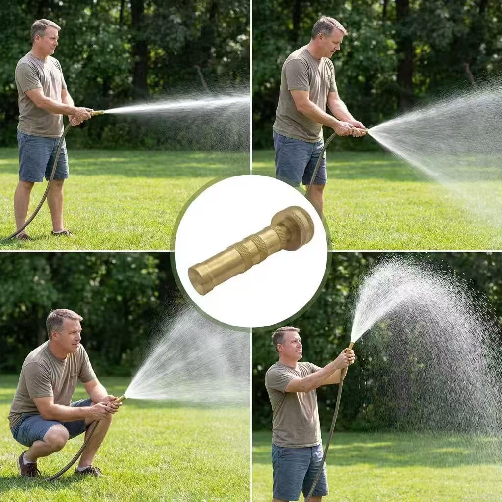 Brass Hose Nozzle, Heavy Duty, Adjustable High Pressure, 3/4" GHT | Uncoated solid brass nozzle, adjustable high-pressure spray, leak-proof, rust-proof, fits standard hose. Garden & car wash.