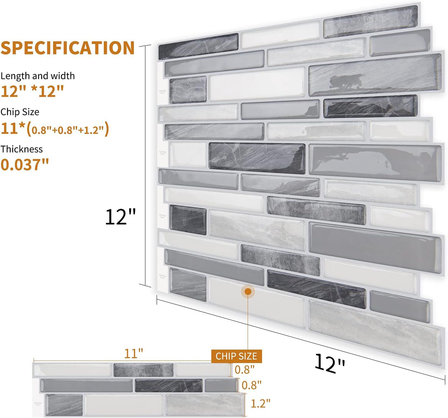 WOWSTAR 10-Sheet Peel and Stick Backsplash Tile for Kitchen Wall, Back Splash Stick On Tiles for Kitchen (12"x 12", Gray)