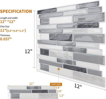 WOWSTAR 10-Sheet Peel and Stick Backsplash Tile for Kitchen Wall, Back Splash Stick On Tiles for Kitchen (12"x 12", Gray)