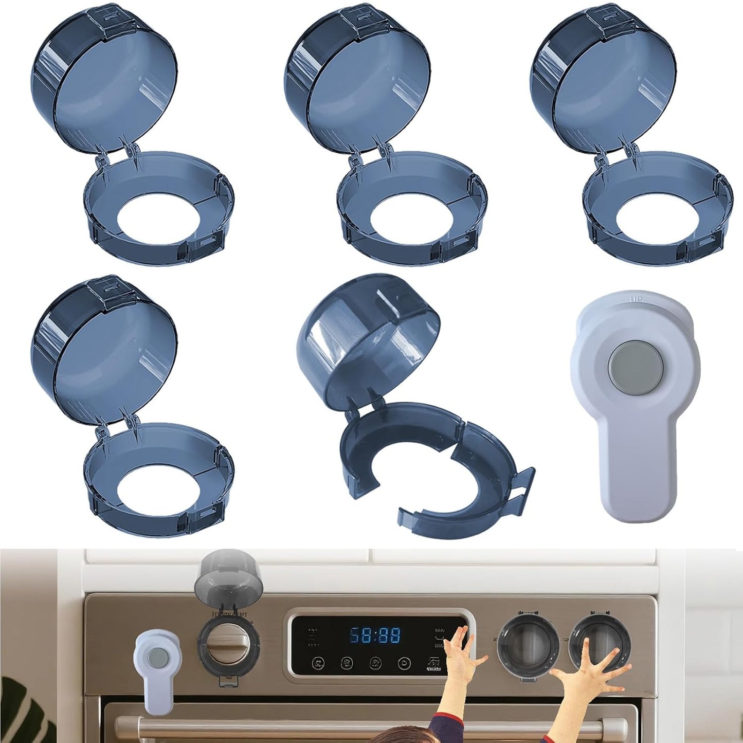 Stove Knob Safety Covers for Child (5 + 1 Pack), Upgraded Universal Size Press Gas Stove Covers with Adhesive,Water/Oil/High-Temp Resistant - Home Kitchen Safety for Kids & Pets