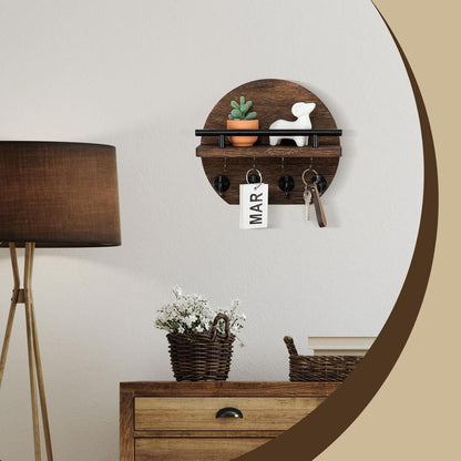Nekon Key Holder for Wall - 9.8 Inch Apartment Wall Decor with Shelf and 8 Key Hooks, Circular Wood Key Hanger for Home Decor (Black with Golden Hooks)