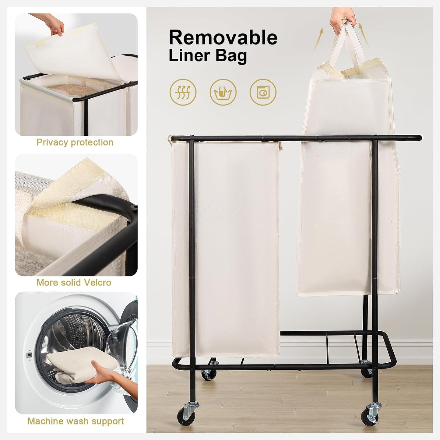 Double Laundry Hamper with Wheels,200L Rolling Laundry Basket 2 Section with Lid,Steel Frame Laundry Cart with Handle and Removable Bags,Dirty Clothes Hamper for Laundry Room,Dorm,Black