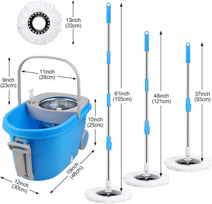 Spin Mop and Bucket with Wringer Set on Wheels, 360 Spinning Mop with Stainless Steel Handle for All Hard Surfaces, Floor Cleaning System with 3 Microfiber Replacement Heads, Black/Red