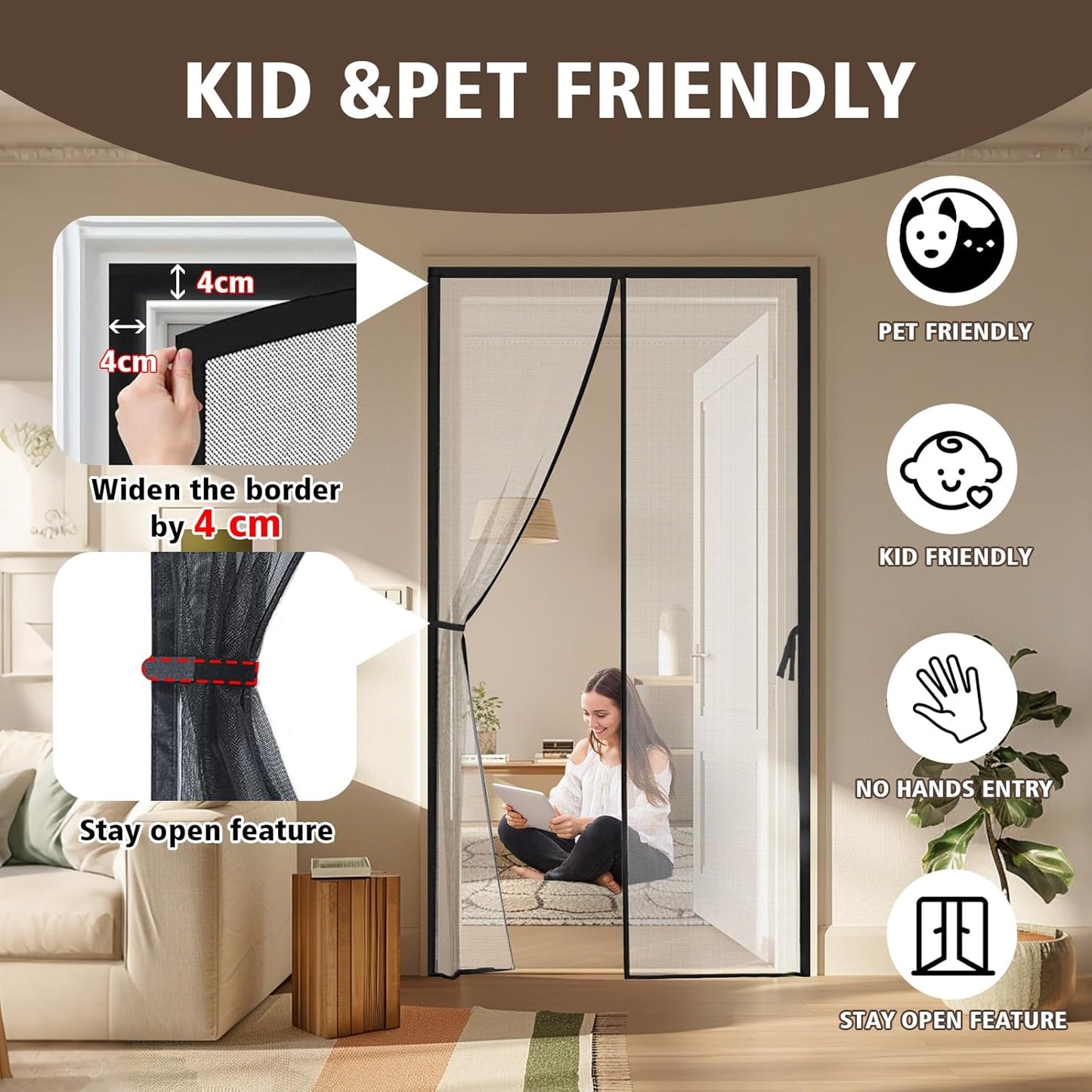 Magnetic Screen Door - Bugs Out, Breeze in - Heavy Duty Double-Stitched Mesh,Hands-Free Design - Pet and Kid Friendly, Fits Front/Sliding/Patio Doors