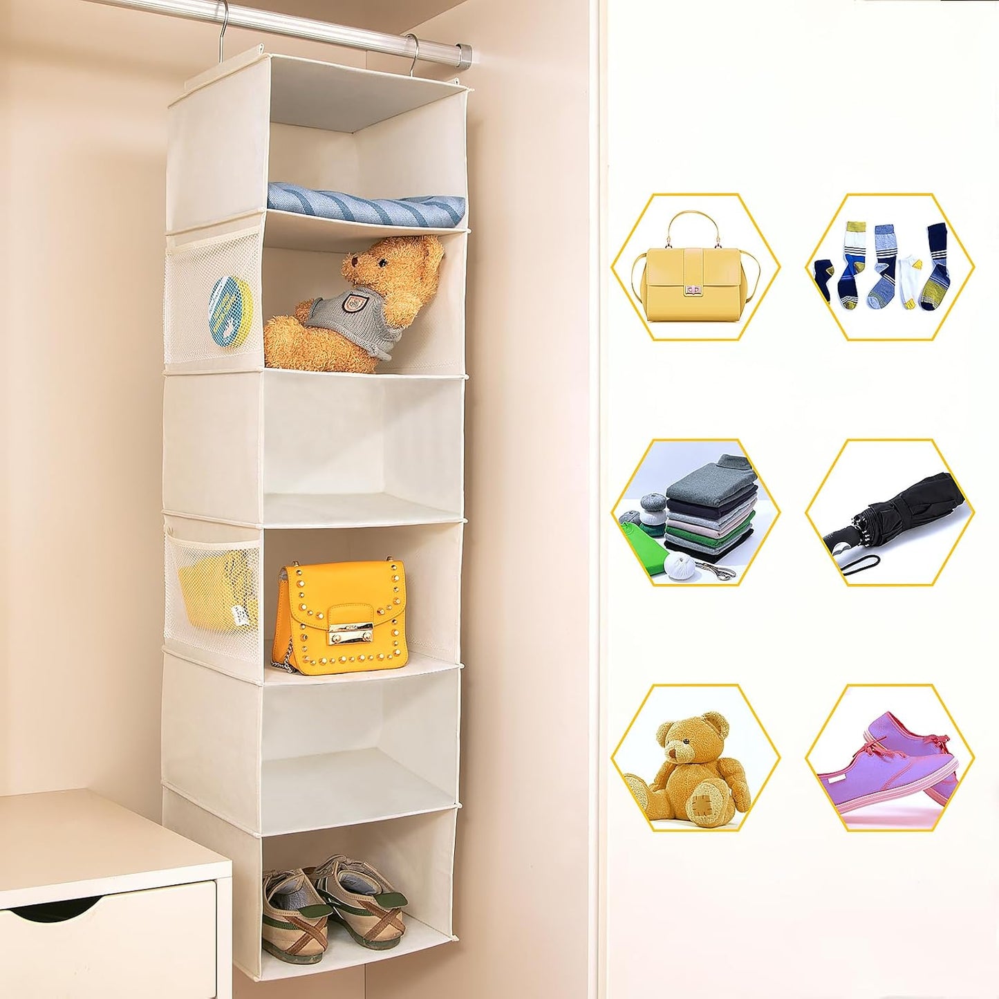 BrilliantJo 2 Pack Hanging Closet Organizer, 5 Shelves Hanging Storage with 6 Side Pockets for Clothes Shoes, 43"x12"x12"(Black)
