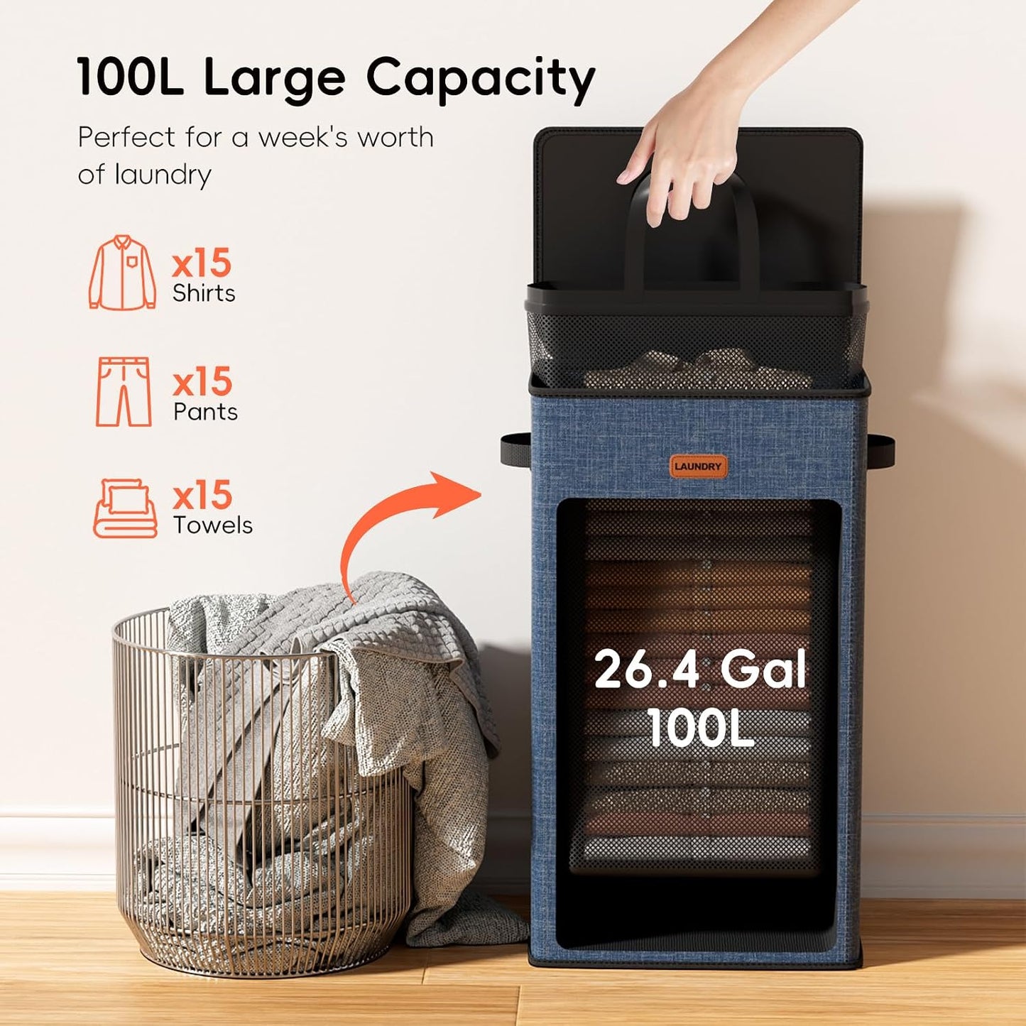 185L Laundry Hamper 3 Section, Laundry Hamper with Lid, Dirty Clothes Hamper with 3 Removable Washing Bags, Extra Large Laundry Basket Organizer for Bedroom, Laundry Room, Dorm - Black