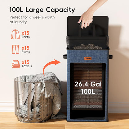 185L Laundry Hamper 3 Section, Laundry Hamper with Lid, Dirty Clothes Hamper with 3 Removable Washing Bags, Extra Large Laundry Basket Organizer for Bedroom, Laundry Room, Dorm - Black