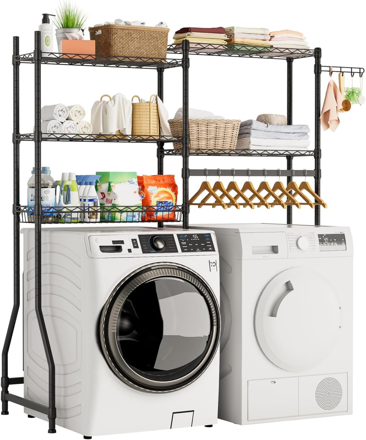 Golpart Over Washer and Dryer Shelves,Heavy Duty Laundry Room Storage Organization Clothes Drying Rack,5 Tier Adjustable Height Wire Shelving and Wire Basket with Hanger Rod&Hook,Space Saving Shelf