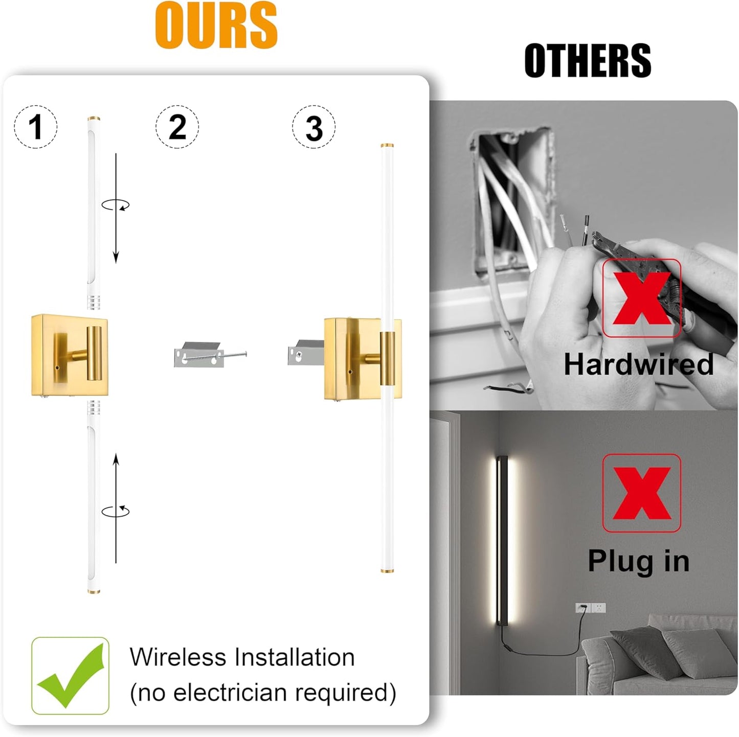 Morauroral Battery Operated Wall Sconces Set of 2, 10000mAh Rechargeable Sconces, 3000K-6000K Dimmable LED Wall Lamp with Remote, 24 Inch Black Gold Wireless Wall Lights for Bedroom, Living Room